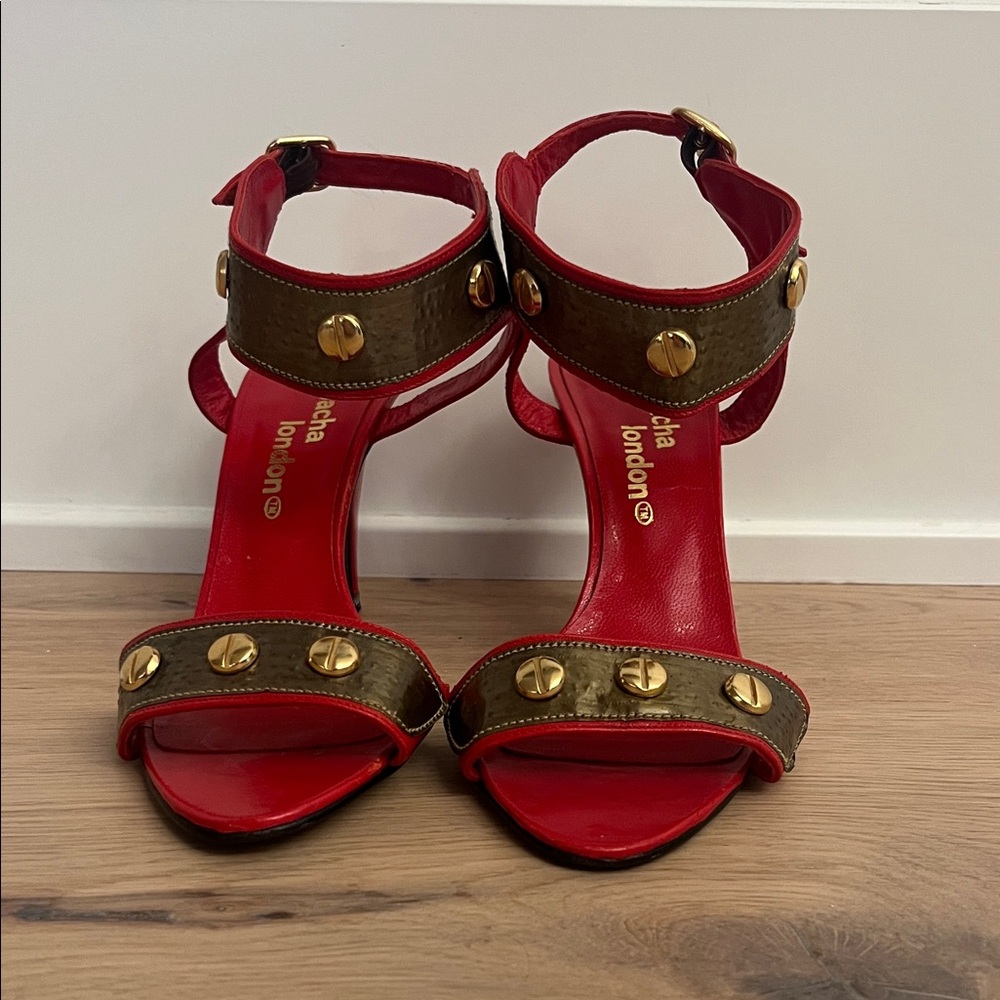 Sacha London Red and Brown Heels with Gold Accents